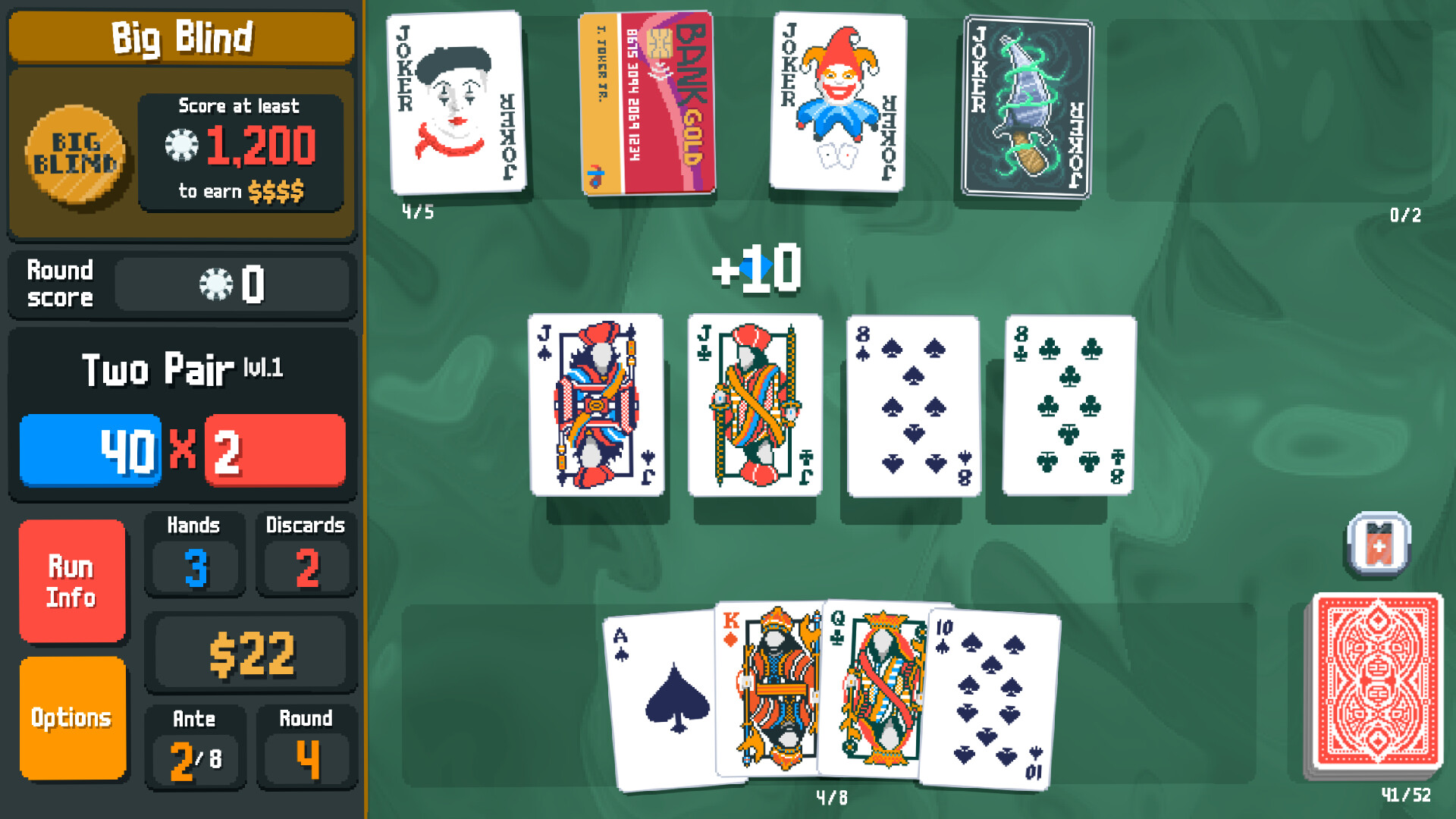 Gameplay de Balatro: mesa de póker y jokers